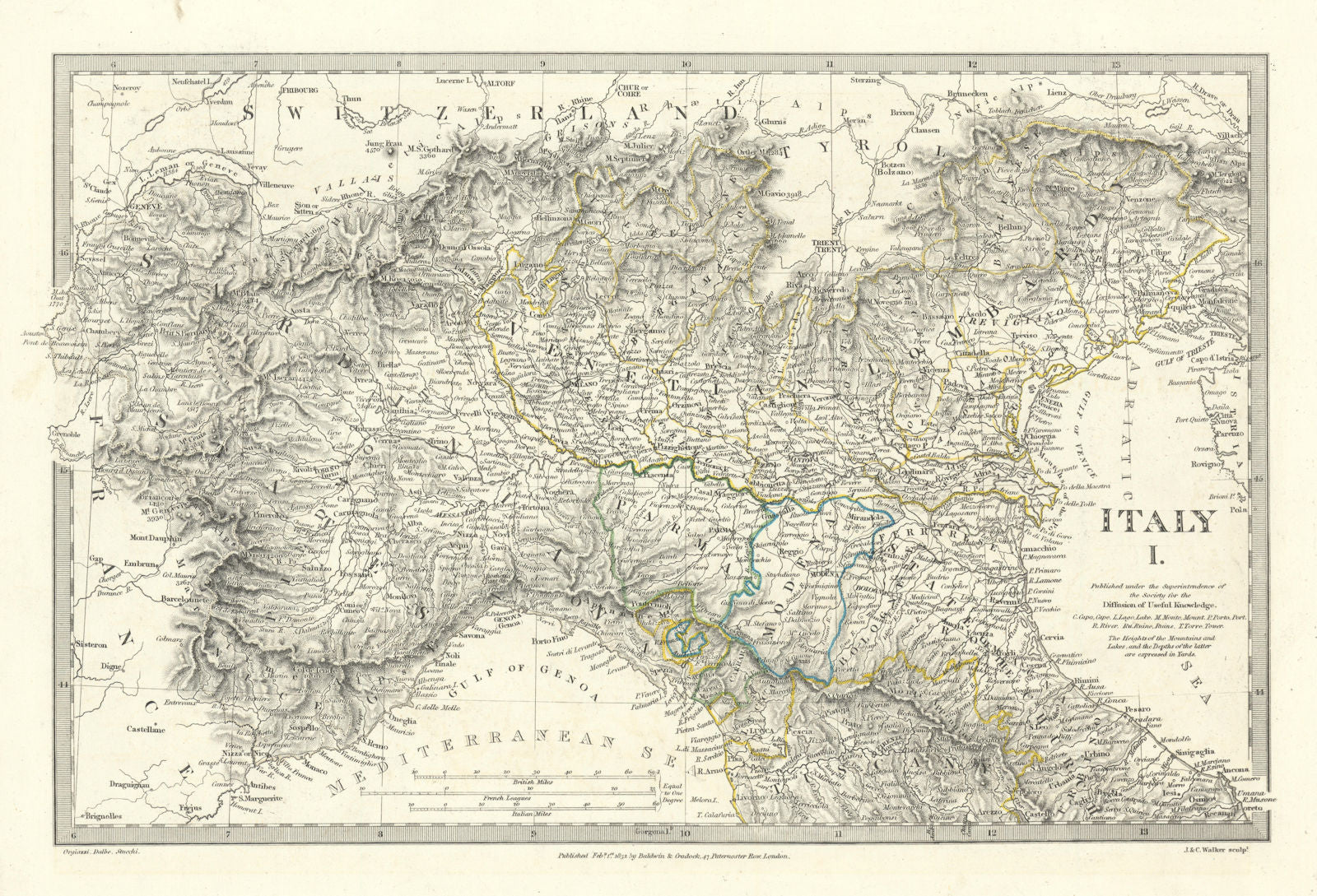 ITALY.Sardinian States,Venetian Lombardy,Parma,Modena,Bolognese.SDUK 1844 map